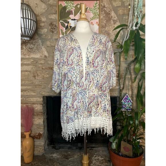 Floral & Paisley Fringe Open Front Cardigan Duster - Bobeau - Size Large - Picture 1 of 7